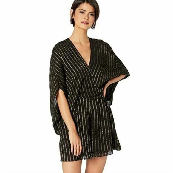 Halston Heritage Pants - Halston Heritage Faux Wrap Metallic Stripe Romper
